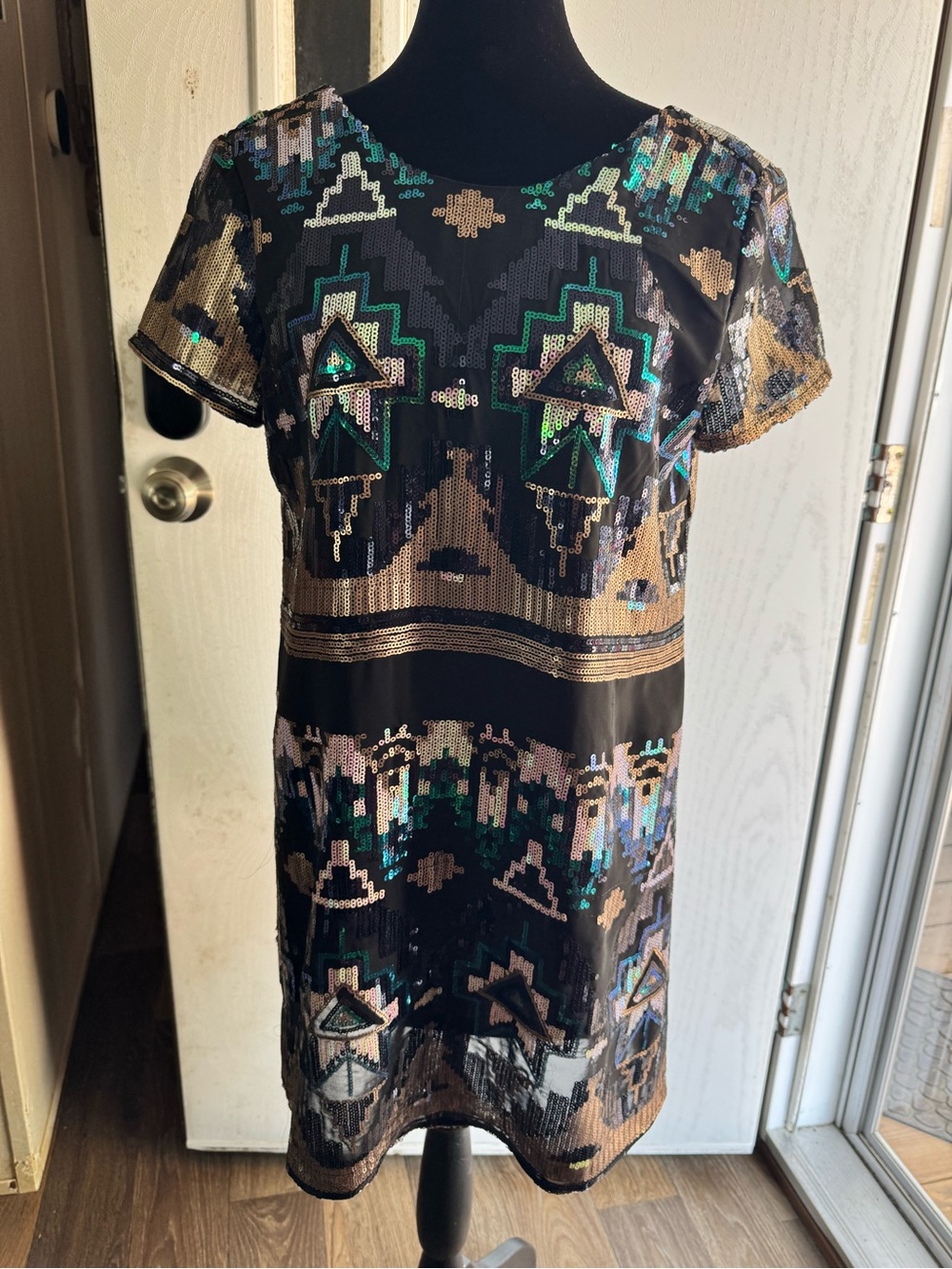 Show Me Your MuMu Black Sequin Geo Shift Dress with Gold and Teal Accents